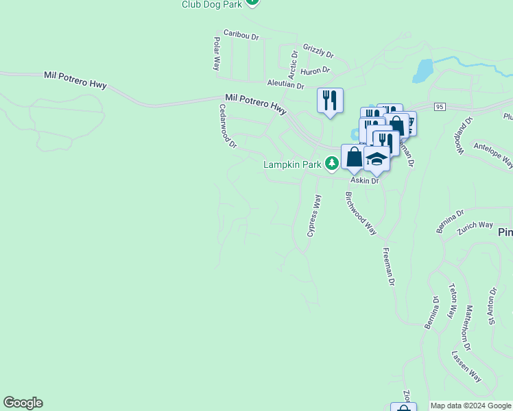 map of restaurants, bars, coffee shops, grocery stores, and more near 2224 Ironwood Drive in Pine Mountain Club