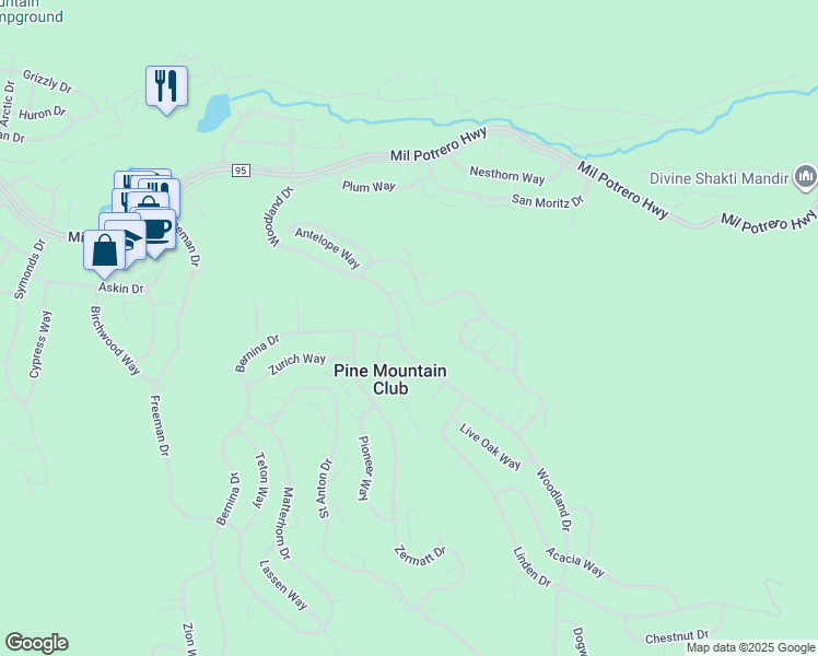 map of restaurants, bars, coffee shops, grocery stores, and more near 2216 Woodland Drive in Frazier Park