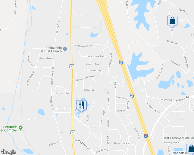 map of restaurants, bars, coffee shops, grocery stores, and more near 75 Forked Creek Parkway in Hernando