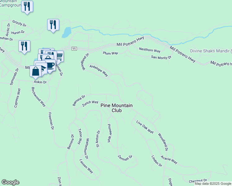 map of restaurants, bars, coffee shops, grocery stores, and more near 2221 Woodland Drive in Frazier Park