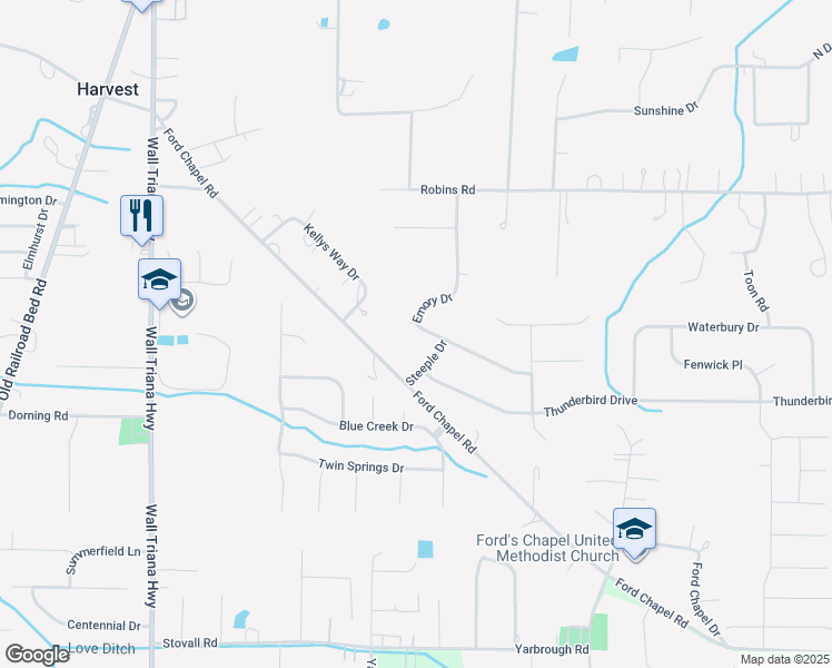 map of restaurants, bars, coffee shops, grocery stores, and more near 124 Emory Drive in Harvest