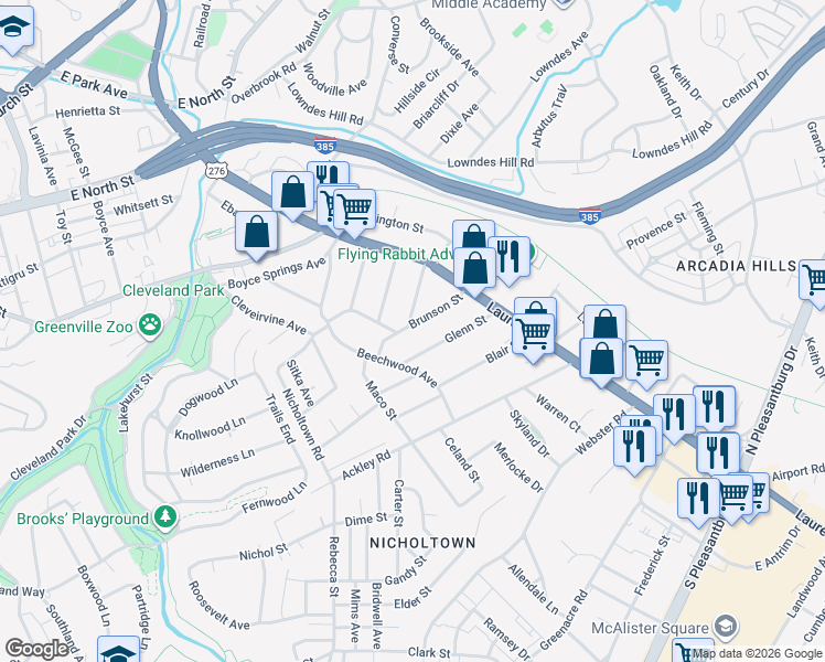 map of restaurants, bars, coffee shops, grocery stores, and more near 101 Brunson Street in Greenville