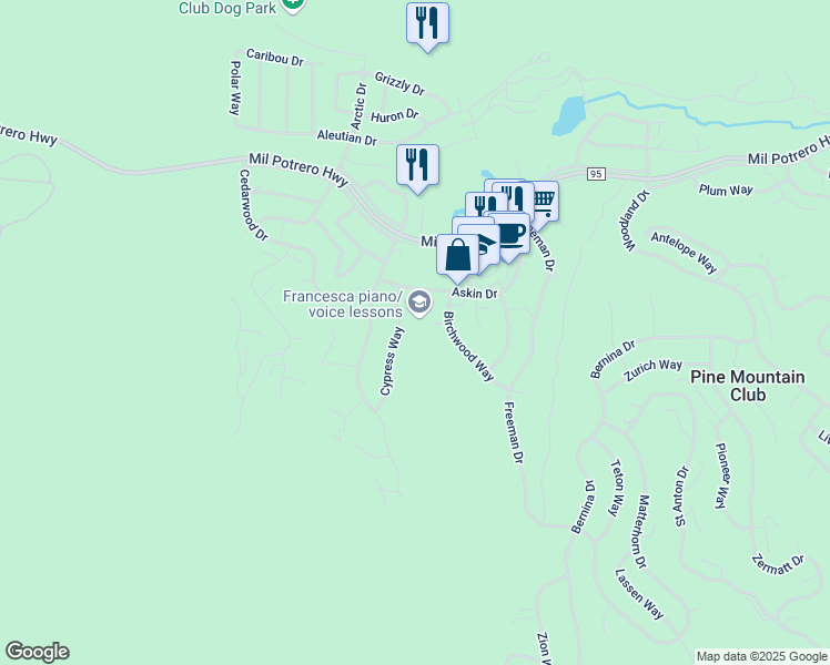 map of restaurants, bars, coffee shops, grocery stores, and more near 2300 Cypress Way in Pine Mountain Club