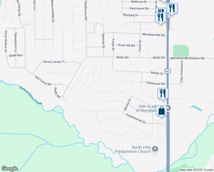 map of restaurants, bars, coffee shops, grocery stores, and more near 106 Prairie Knoll Circle in Meridianville