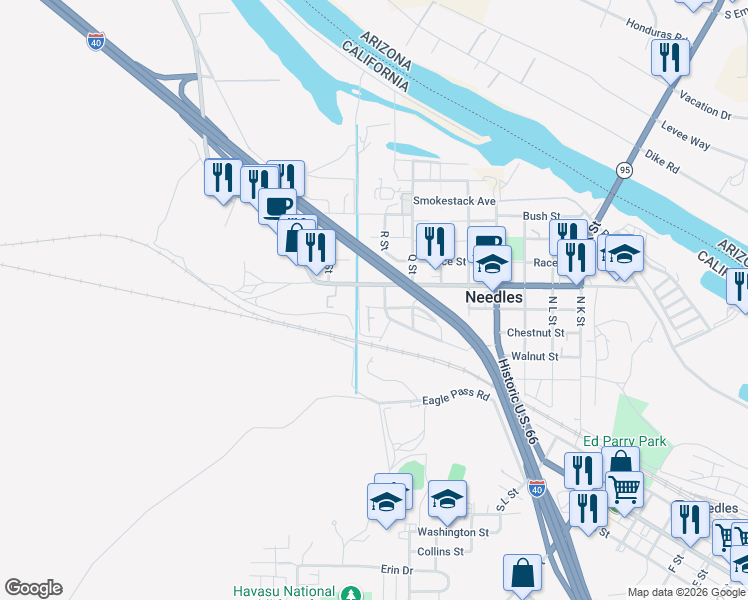 map of restaurants, bars, coffee shops, grocery stores, and more near in Needles