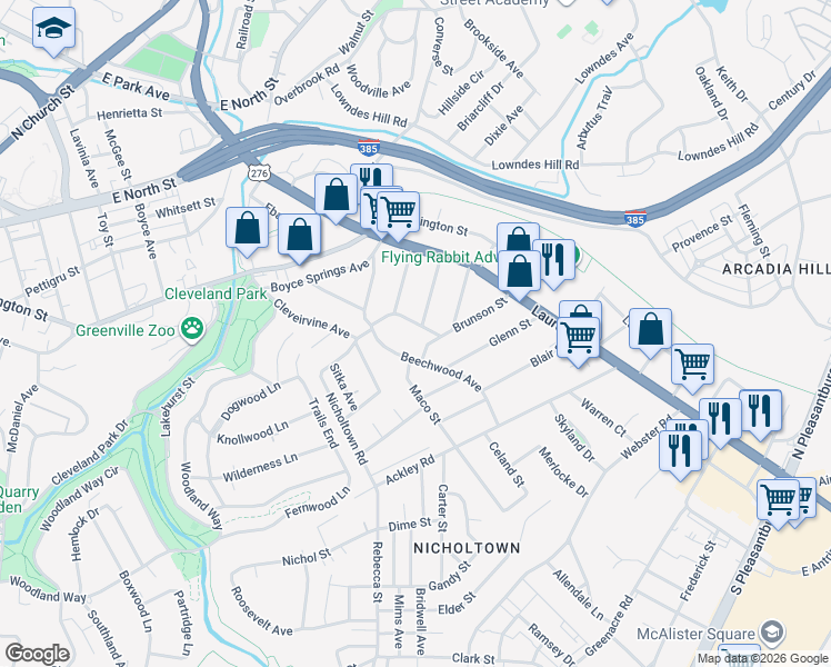 map of restaurants, bars, coffee shops, grocery stores, and more near 26 Monticello Avenue in Greenville