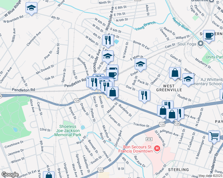 map of restaurants, bars, coffee shops, grocery stores, and more near 555 Perry Avenue in Greenville