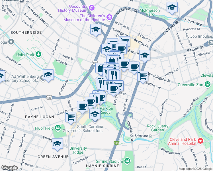 map of restaurants, bars, coffee shops, grocery stores, and more near 35 West Court Street in Greenville
