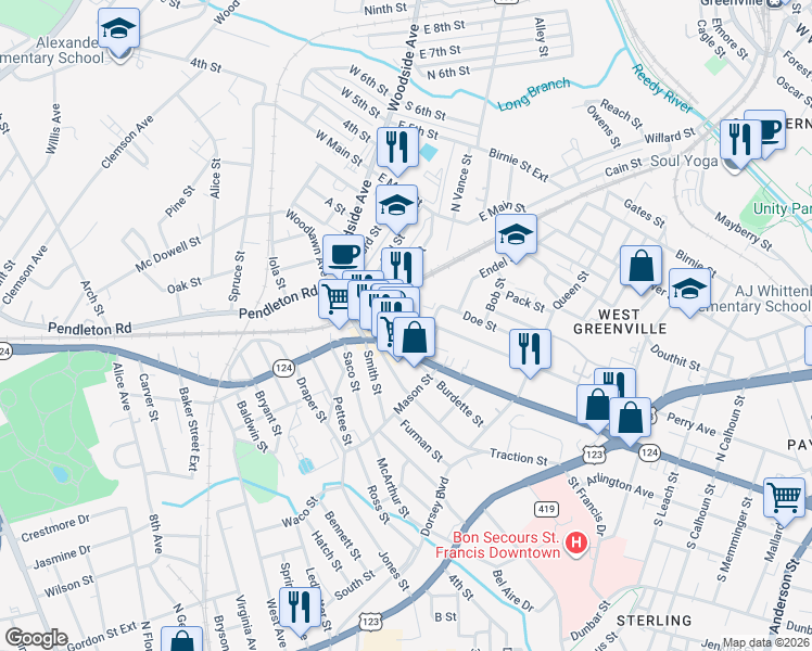 map of restaurants, bars, coffee shops, grocery stores, and more near 555 Perry Avenue in Greenville