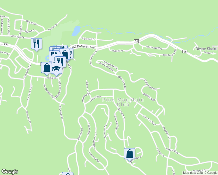 map of restaurants, bars, coffee shops, grocery stores, and more near 2233 Bernina Drive in Frazier Park