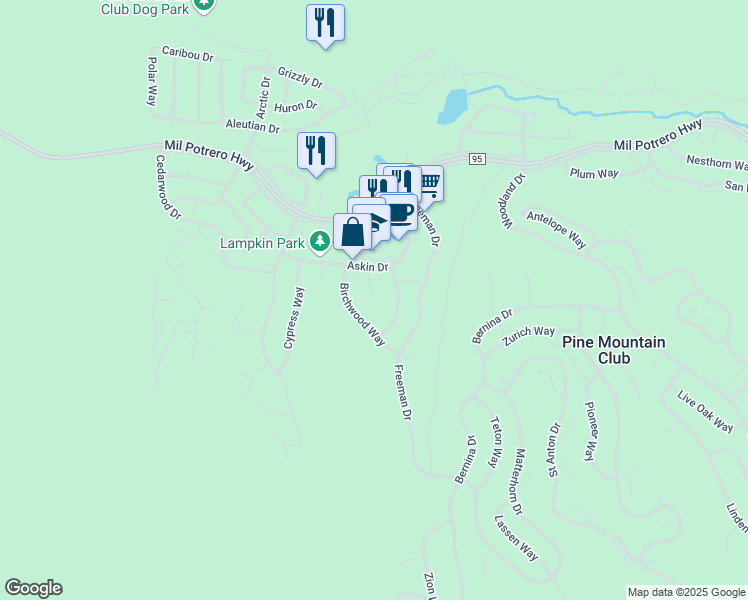 map of restaurants, bars, coffee shops, grocery stores, and more near 16280 Askin Court in Frazier Park