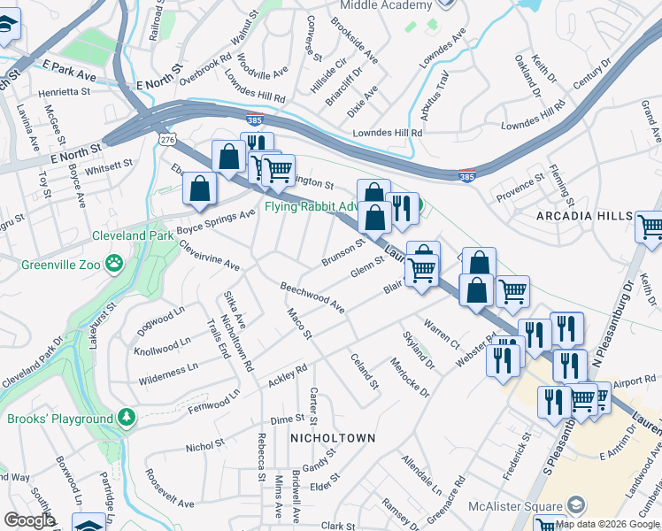 map of restaurants, bars, coffee shops, grocery stores, and more near 101 Brunson Street in Greenville