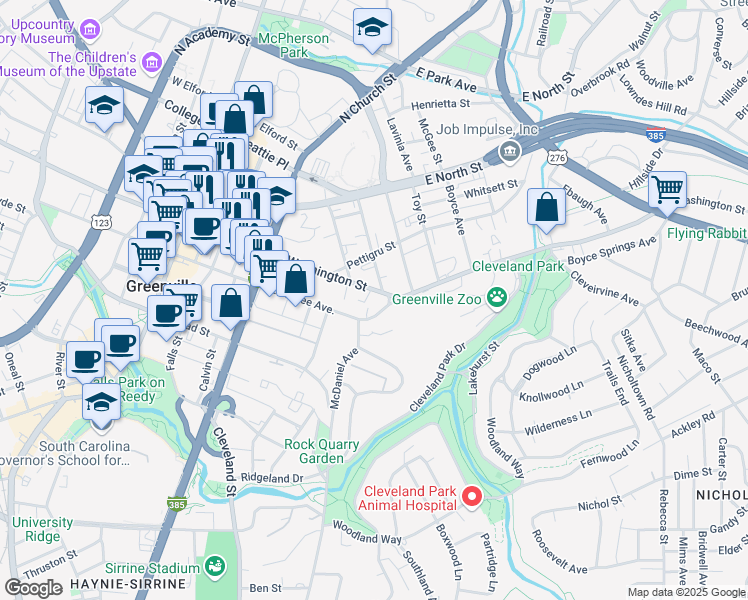 map of restaurants, bars, coffee shops, grocery stores, and more near 715 Roma Way in Greenville