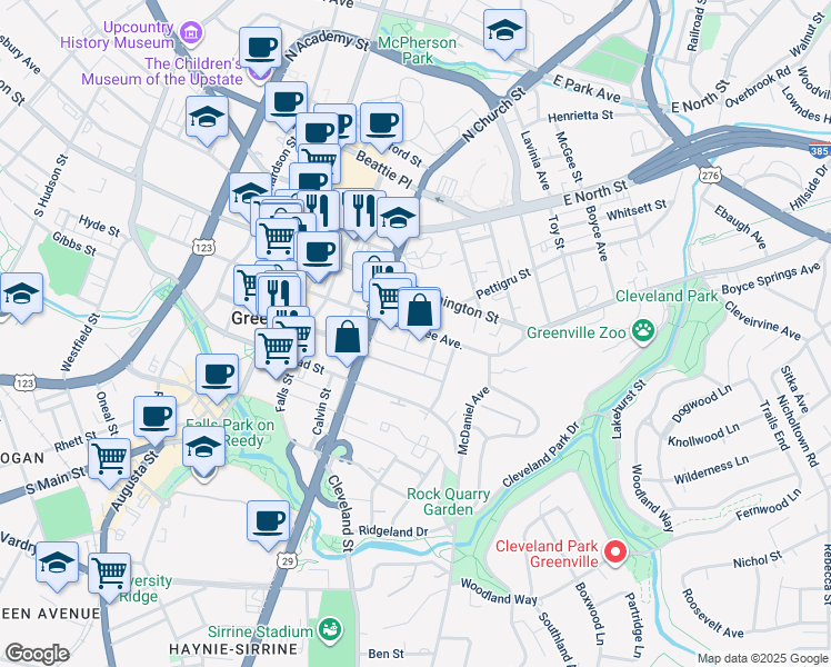 map of restaurants, bars, coffee shops, grocery stores, and more near 456 East McBee Avenue in Greenville
