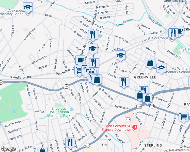 map of restaurants, bars, coffee shops, grocery stores, and more near 555 Perry Avenue in Greenville