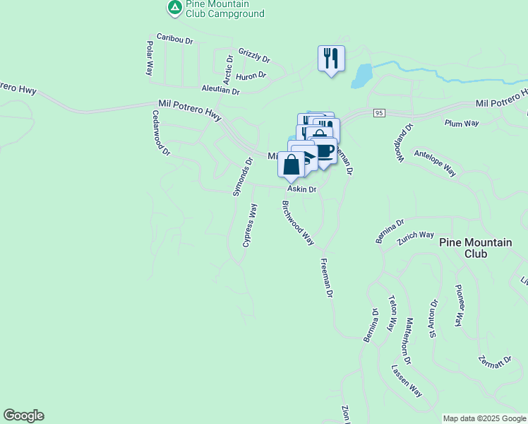 map of restaurants, bars, coffee shops, grocery stores, and more near 2300 Cypress Way in Pine Mountain Club