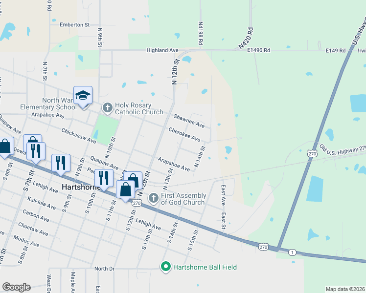 map of restaurants, bars, coffee shops, grocery stores, and more near 600 North 13th Street in Hartshorne