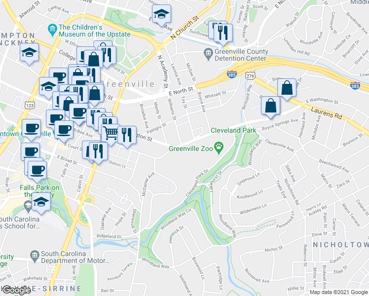 map of restaurants, bars, coffee shops, grocery stores, and more near 828 East Washington Street in Greenville