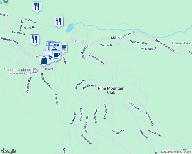 map of restaurants, bars, coffee shops, grocery stores, and more near 2229 Bernina Drive in Frazier Park