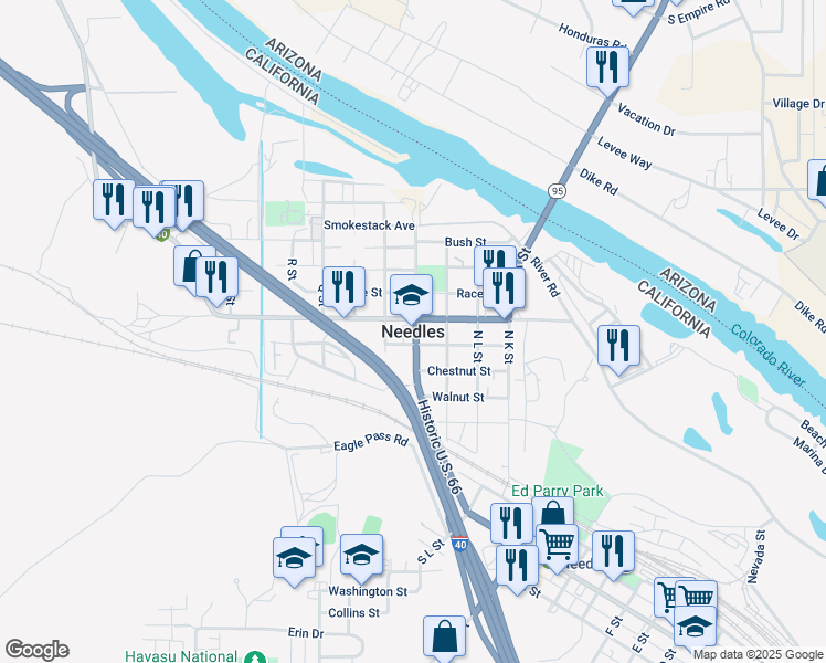 map of restaurants, bars, coffee shops, grocery stores, and more near 3520 Needles Highway in Needles