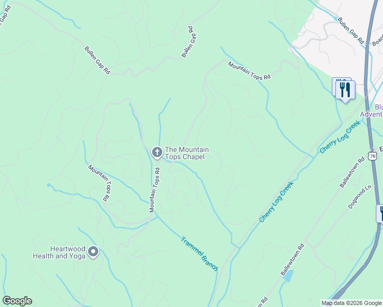 map of restaurants, bars, coffee shops, grocery stores, and more near 1391 Mountain Tops Road in Blue Ridge