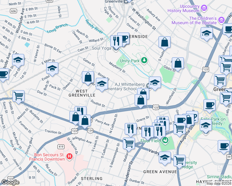 map of restaurants, bars, coffee shops, grocery stores, and more near 112 Gower Street in Greenville