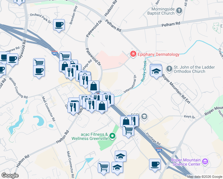 map of restaurants, bars, coffee shops, grocery stores, and more near 10 Patewood Drive in Greenville