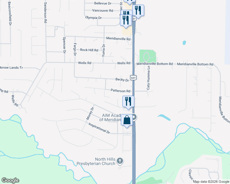 map of restaurants, bars, coffee shops, grocery stores, and more near 156 Patterson Road in Meridianville