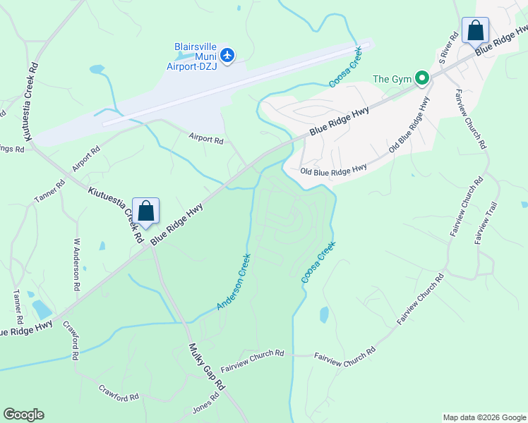 map of restaurants, bars, coffee shops, grocery stores, and more near 607 Misty Valley Road in Blairsville
