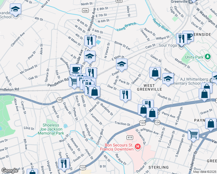 map of restaurants, bars, coffee shops, grocery stores, and more near 540 Perry Avenue in Greenville