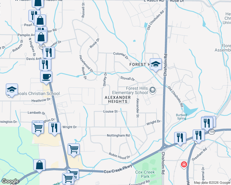 map of restaurants, bars, coffee shops, grocery stores, and more near 165 Patsy Drive in Florence