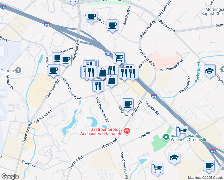 map of restaurants, bars, coffee shops, grocery stores, and more near 1106 Woods Crossing Road in Greenville