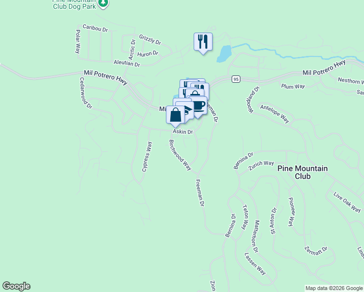 map of restaurants, bars, coffee shops, grocery stores, and more near 2313 Askin Court in Pine Mountain Club