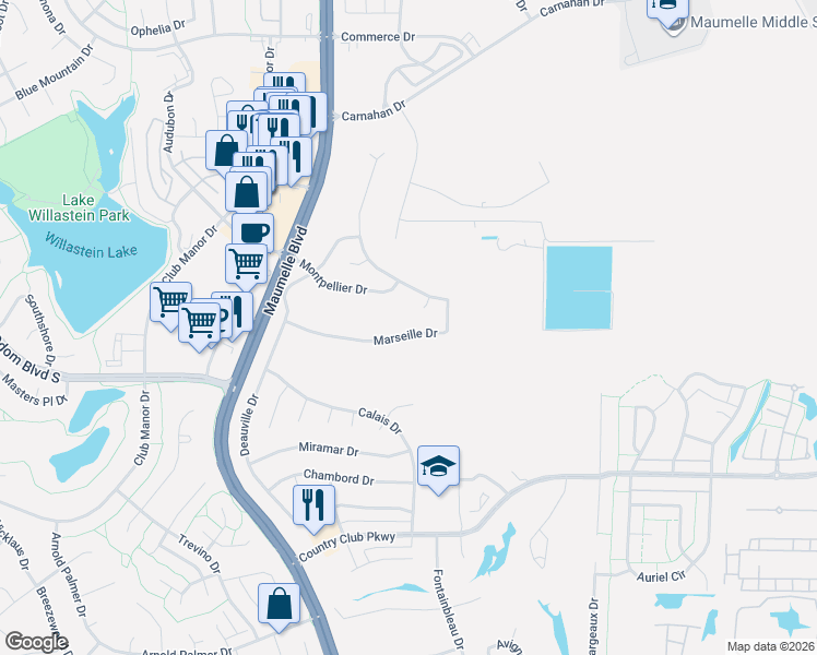 map of restaurants, bars, coffee shops, grocery stores, and more near 139 Marseille Drive in Maumelle