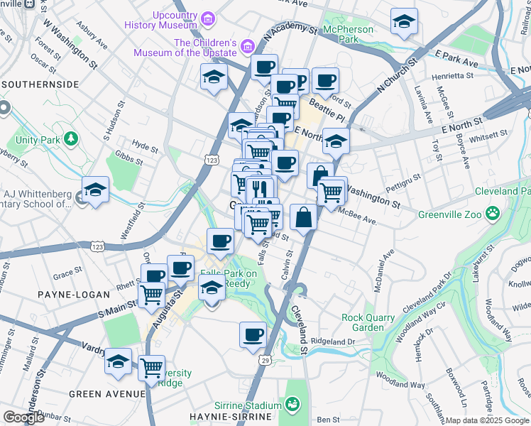 map of restaurants, bars, coffee shops, grocery stores, and more near 22 East Court Street in Greenville
