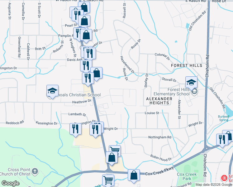 map of restaurants, bars, coffee shops, grocery stores, and more near 305 Winborne Drive in Florence