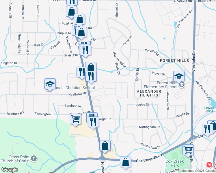 map of restaurants, bars, coffee shops, grocery stores, and more near 305 Winborne Drive in Florence