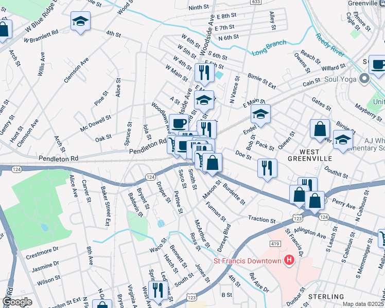 map of restaurants, bars, coffee shops, grocery stores, and more near 575 Perry Avenue in Greenville