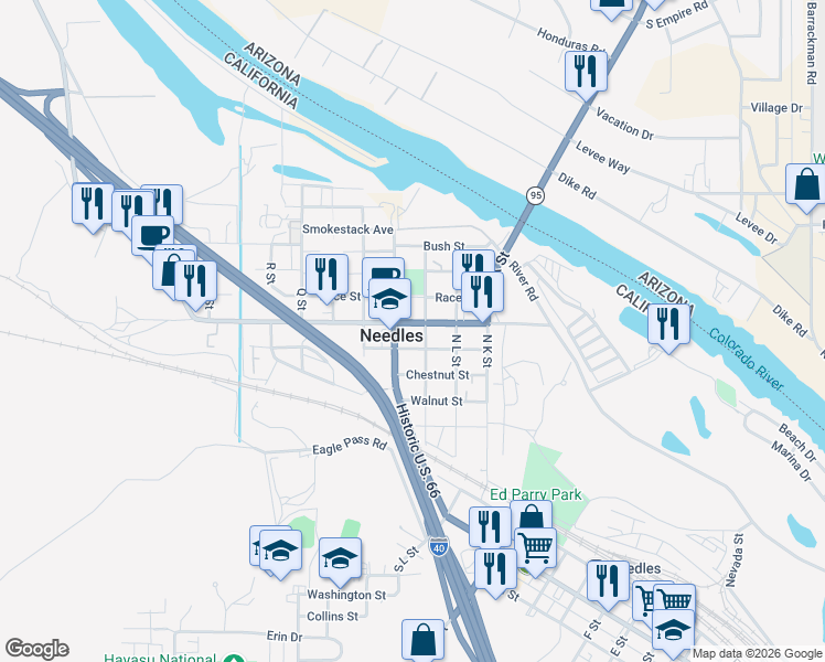 map of restaurants, bars, coffee shops, grocery stores, and more near 1611 Needles Highway in Needles