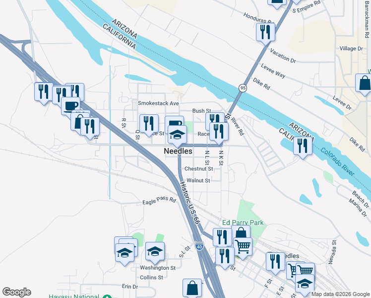 map of restaurants, bars, coffee shops, grocery stores, and more near 1611 Needles Highway in Needles