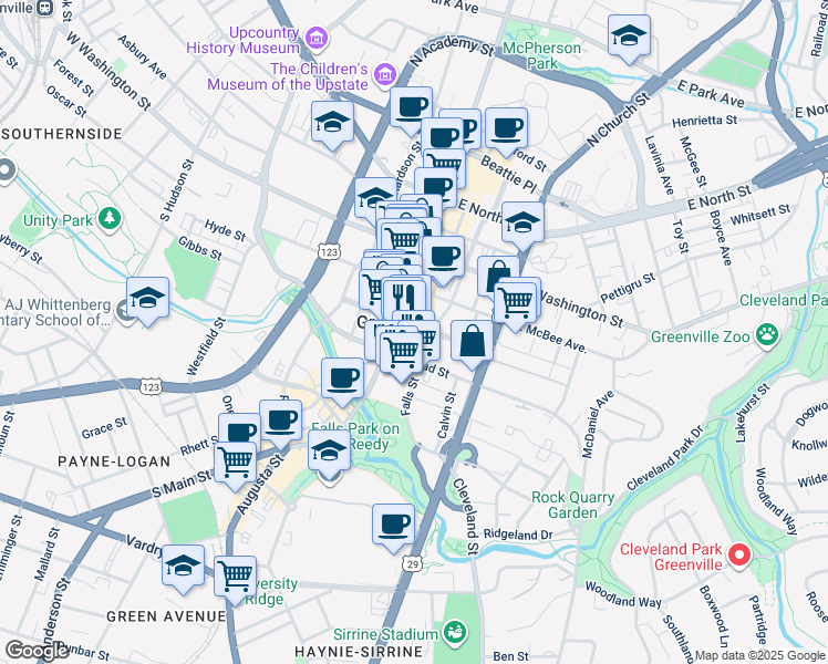 map of restaurants, bars, coffee shops, grocery stores, and more near in Greenville