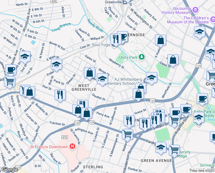 map of restaurants, bars, coffee shops, grocery stores, and more near 307 Gower Street in Greenville
