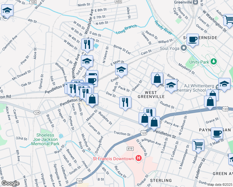 map of restaurants, bars, coffee shops, grocery stores, and more near 31 Doe Street in Greenville