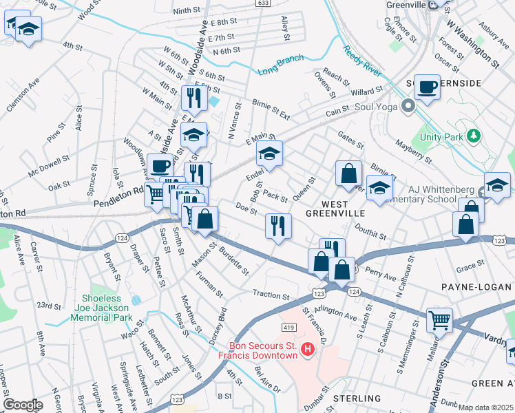 map of restaurants, bars, coffee shops, grocery stores, and more near 25 Julian Street in Greenville
