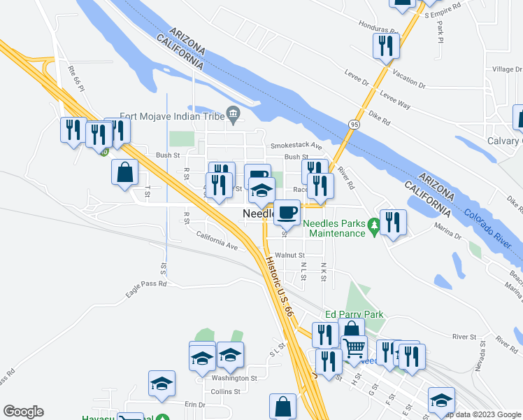 map of restaurants, bars, coffee shops, grocery stores, and more near 1701 West Broadway Street in Needles
