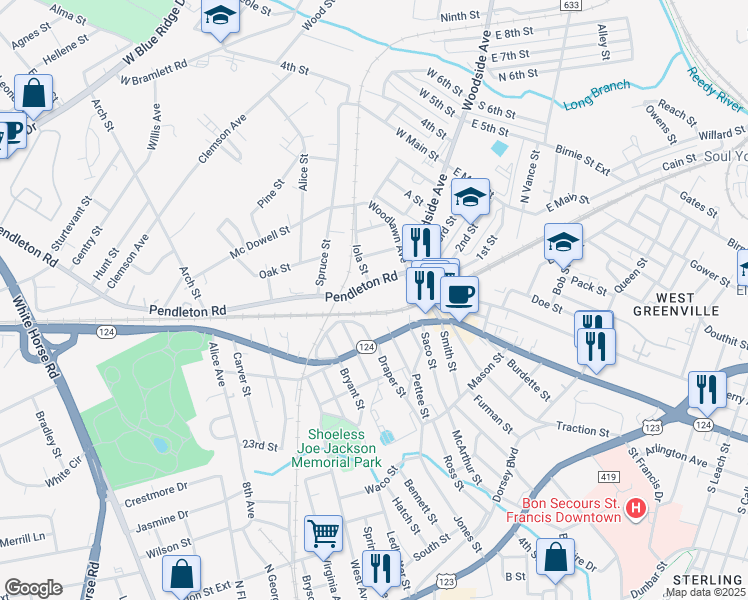 map of restaurants, bars, coffee shops, grocery stores, and more near 10035 Liberty Street in Greenville