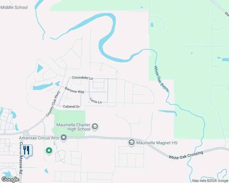 map of restaurants, bars, coffee shops, grocery stores, and more near 1515 Milligan Drive in Maumelle