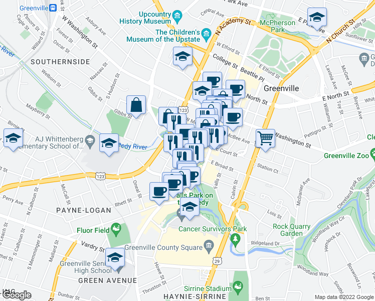 map of restaurants, bars, coffee shops, grocery stores, and more near 106 West Broad Street in Greenville