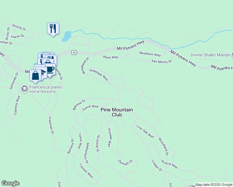 map of restaurants, bars, coffee shops, grocery stores, and more near 2216 Woodland Drive in Frazier Park