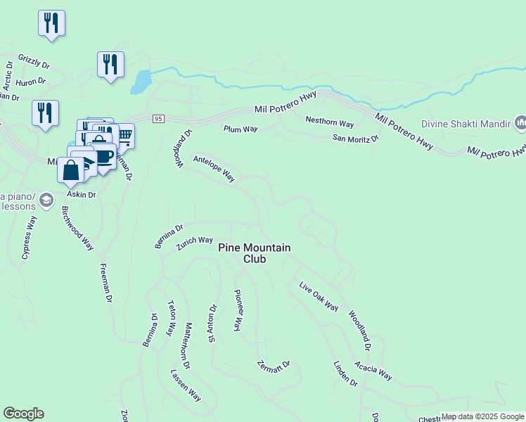map of restaurants, bars, coffee shops, grocery stores, and more near 2304 Woodland Drive in Frazier Park